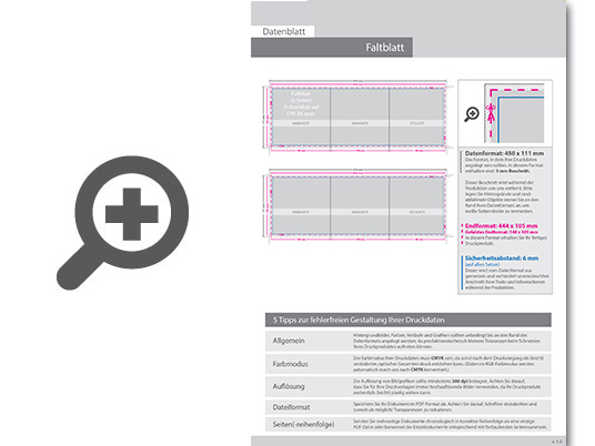 Product Bild faltblatt__gefalzt_auf_din_a6_quer__6-seiter_(zickzackfalz)__beidseitig_bedruckt_(4_4_farbig_+_2_sonderfarben_hks)