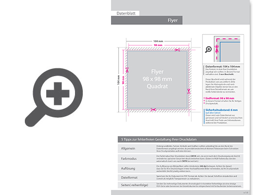 Product Bild multiloft-flyer_quadrat_9_8_cm_x_9_8_cm_einseitig_folienkaschiert_matt_mit_einseitig_partieller_uv-lackierung__4_0_farbig_(einseitiger_druck)