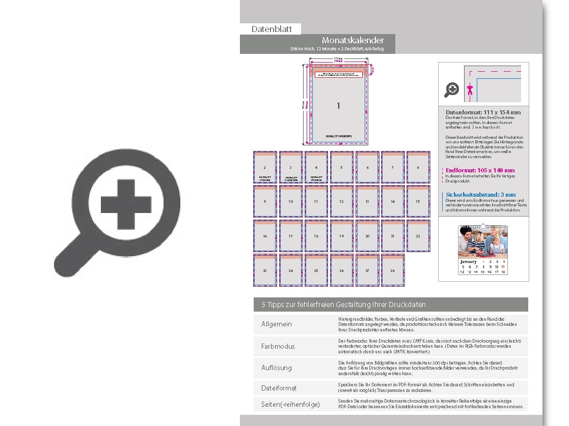 Product Bild monatskalender_14_blatt_(12_monate_+_2_deckbl__tter)__beidseitig_bedruckt_4_4_farbig__din_a6_hoch_(105_x_148_mm)